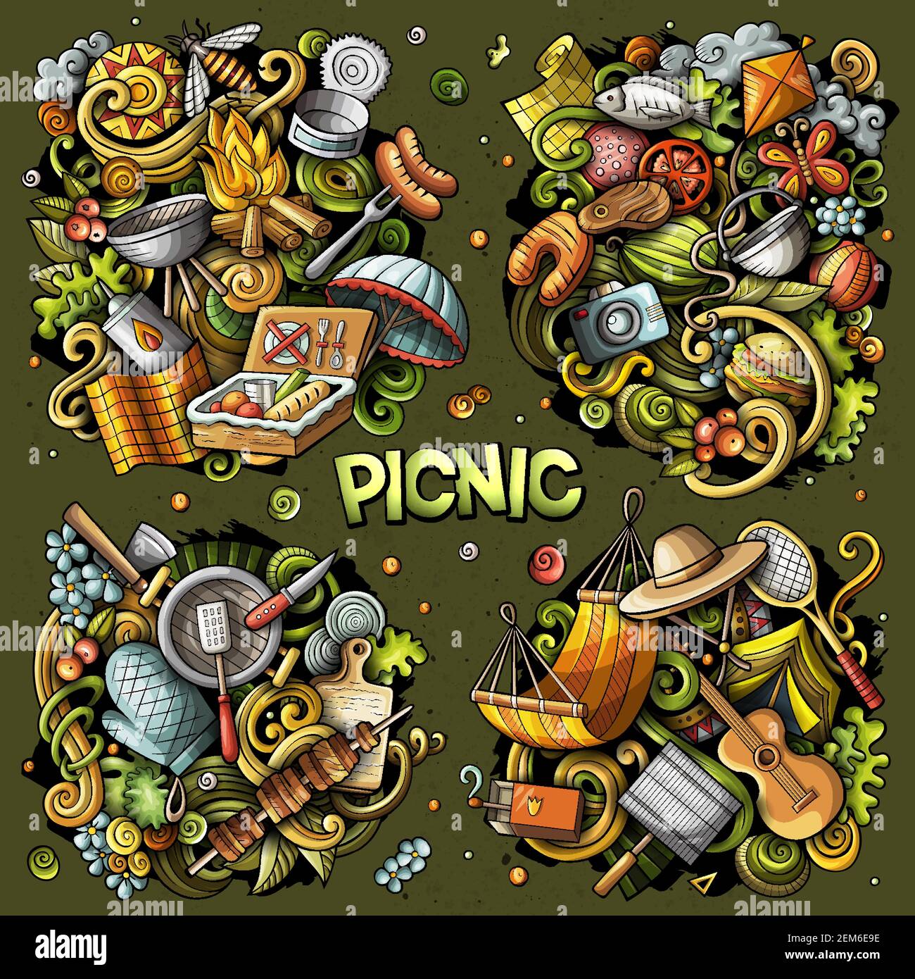 Picknick Cartoon Vektor Doodle Designs Set. Farbenfrohe, detailreiche Kompositionen mit vielen Lebensmitteln und Naturobjekten und Symbolen. Alle Elemente sind getrennt Stock Vektor