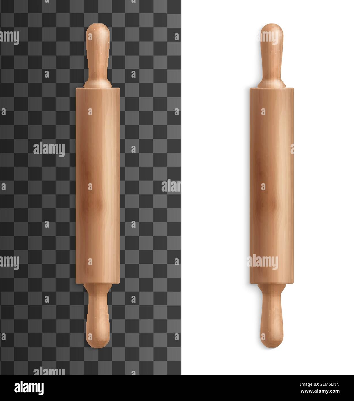 Nudelholz oder Teigwalze realistische Vektor Mockup von Backwaren und Backutensilien. Holz-Nudelholz mit auf Transpare isolierten Griffen Stock Vektor