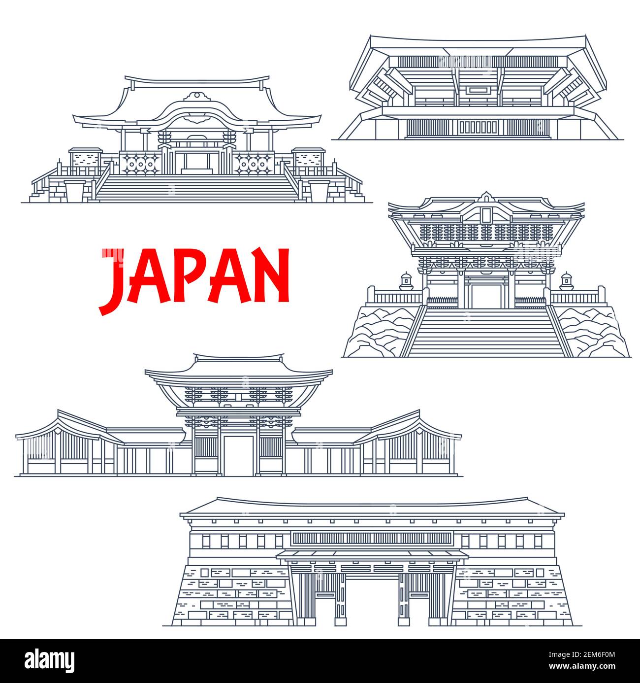 Japanische Reise Wahrzeichen mit Vektor dünne Linie Gebäude der Religion und Sport. Shinto Schreine von Meiji Jingu, Hanazono und Kunozan Toshogu, Nippon B Stock Vektor
