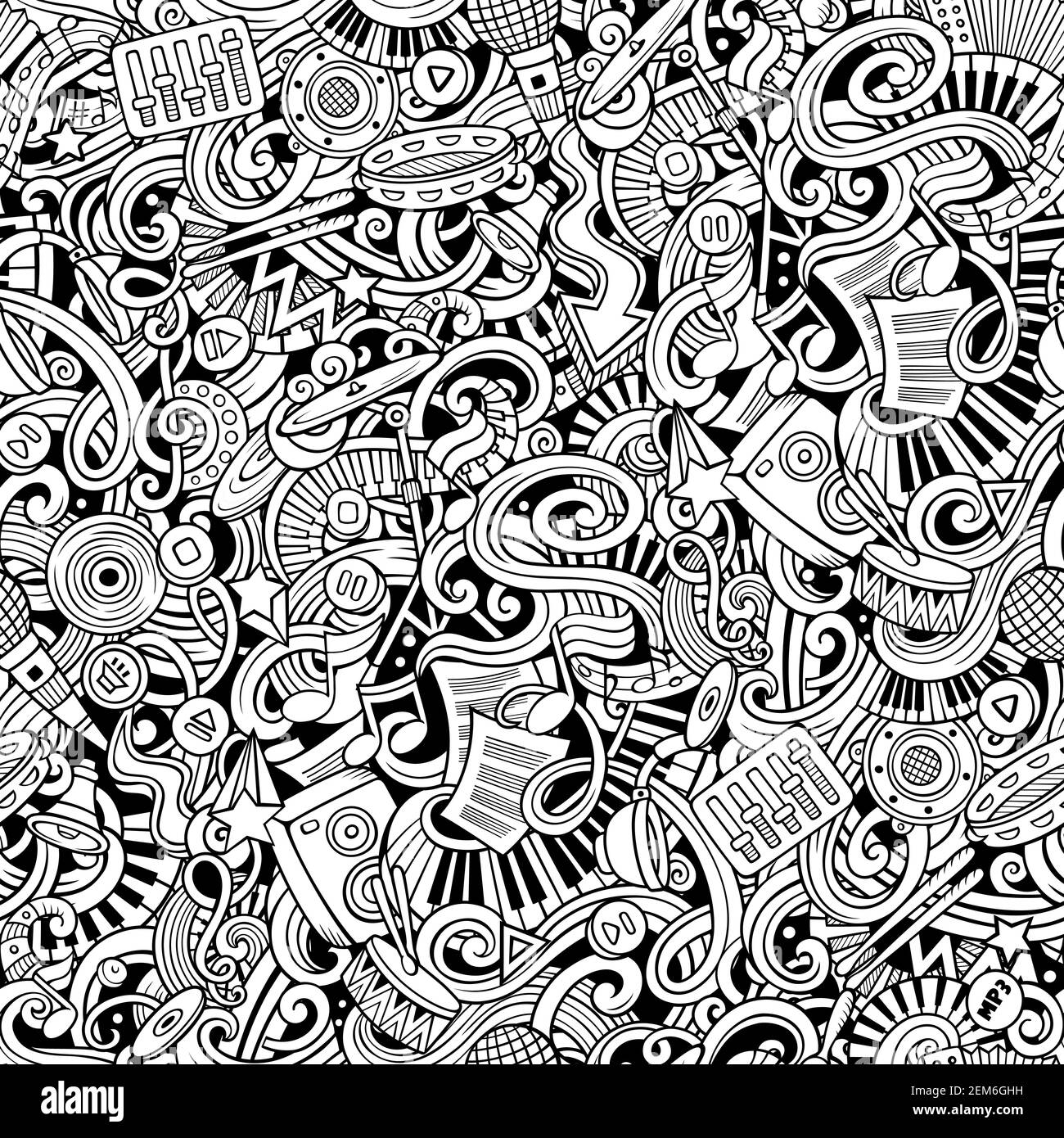 Musik von Hand gezeichnete Kritzeleien nahtloses Muster. Musikinstrumente Hintergrund. Im Cartoon-Stoffdruck. Strichgrafiken Vektorgrafiken Stock Vektor