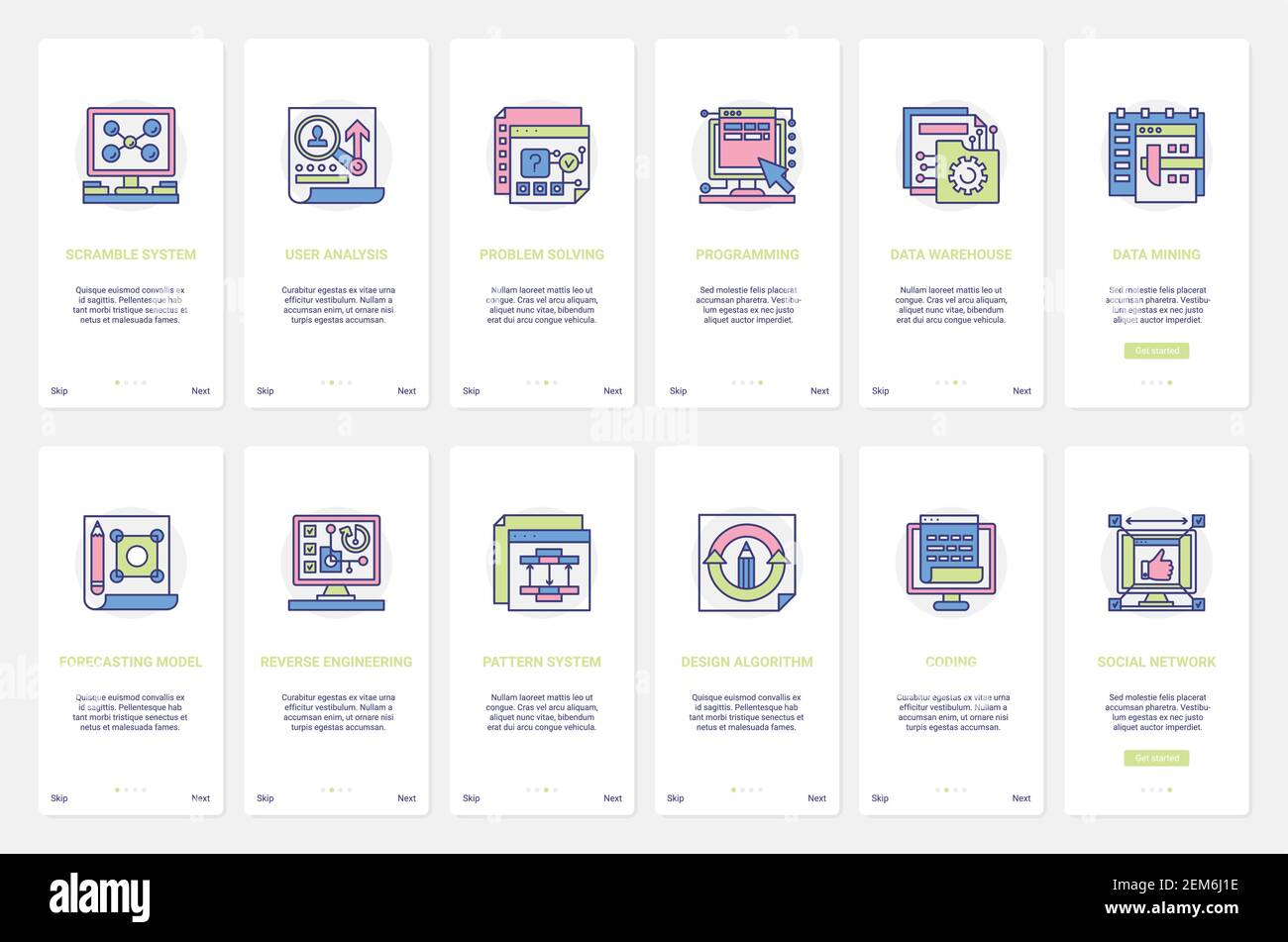 Codierprogrammierungstechnologie für Mining, Datenanalyse und Storage Vektordarstellung. UX, UI Onboarding mobile App Seite Bildschirm mit Line Engineering Prognosemodell System zur Problemlösung gesetzt Stock Vektor
