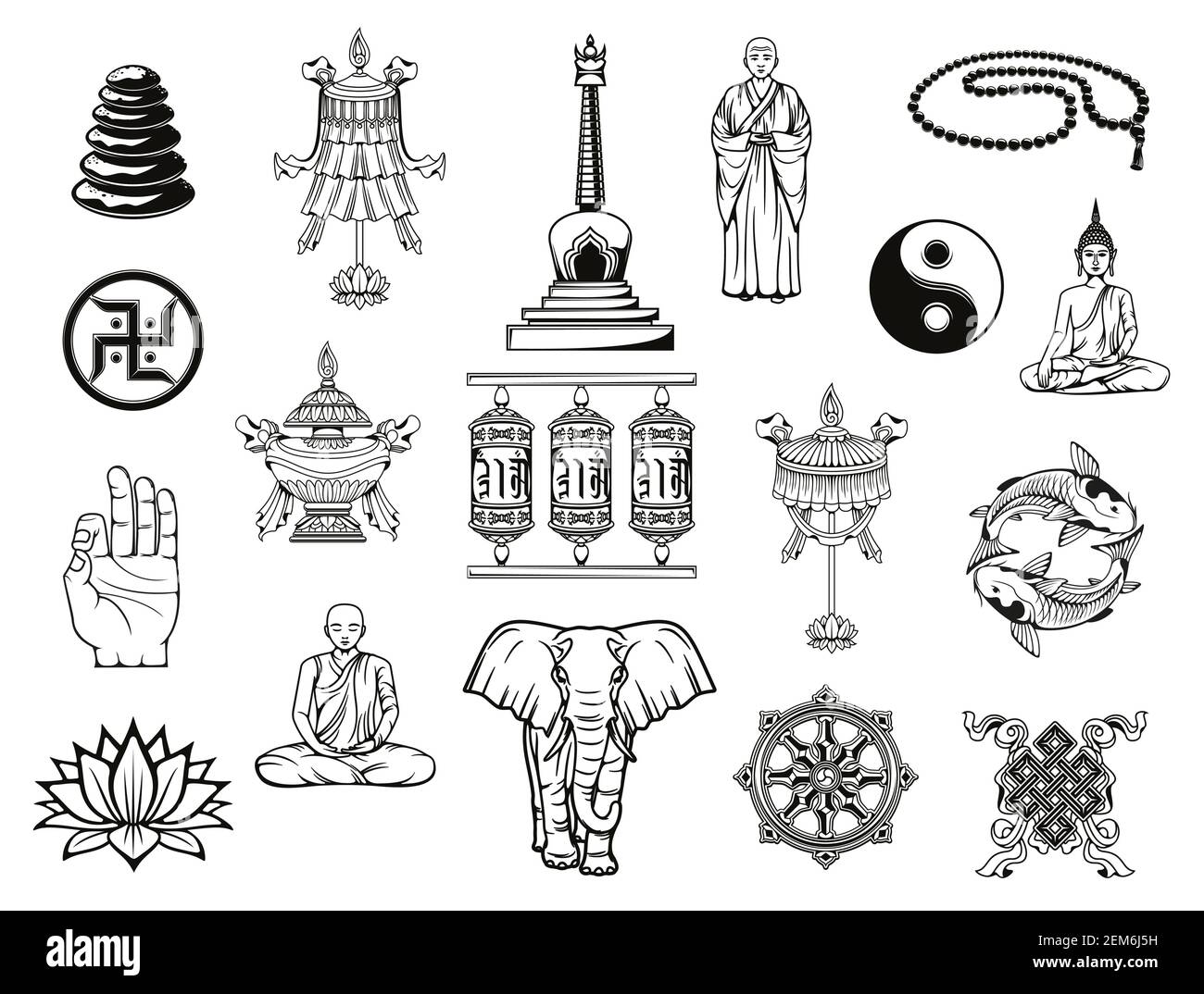 Buddhismus Religion Skizzen mit buddhistischen religiösen Symbolen. Vektor Buddha, Dharma Rad und ying Yang, Lotus, tibetischen Mönch Gebet Räder und Meditatio Stock Vektor