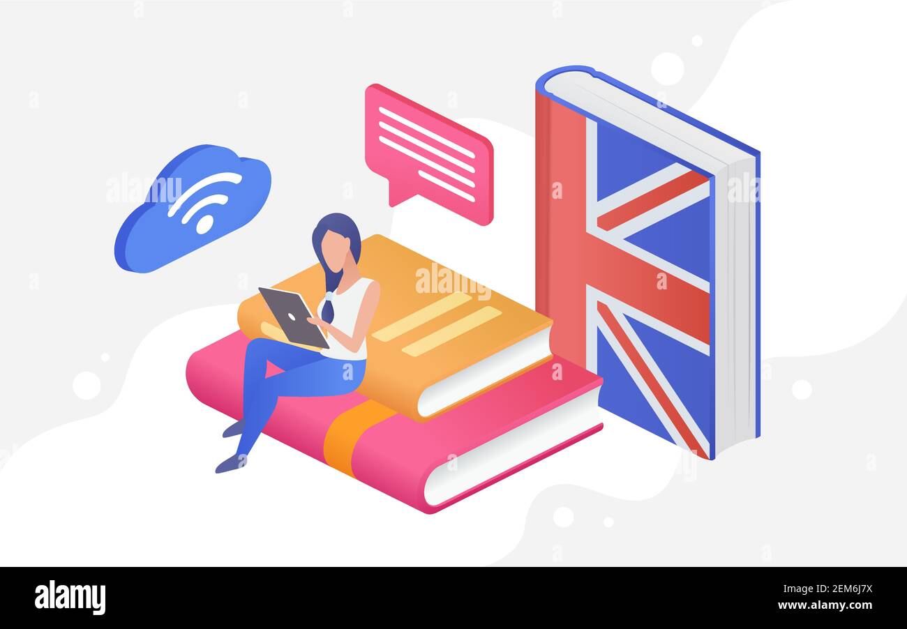 Menschen lernen Sprache, Bildung Konzept isometrische Vektor Illustration. Cartoon 3D winzige Frau Student Charakter Studie, sitzen auf Büchern Stapel mit Tablet oder Telefon, Englisch lernen Online-Hintergrund Stock Vektor