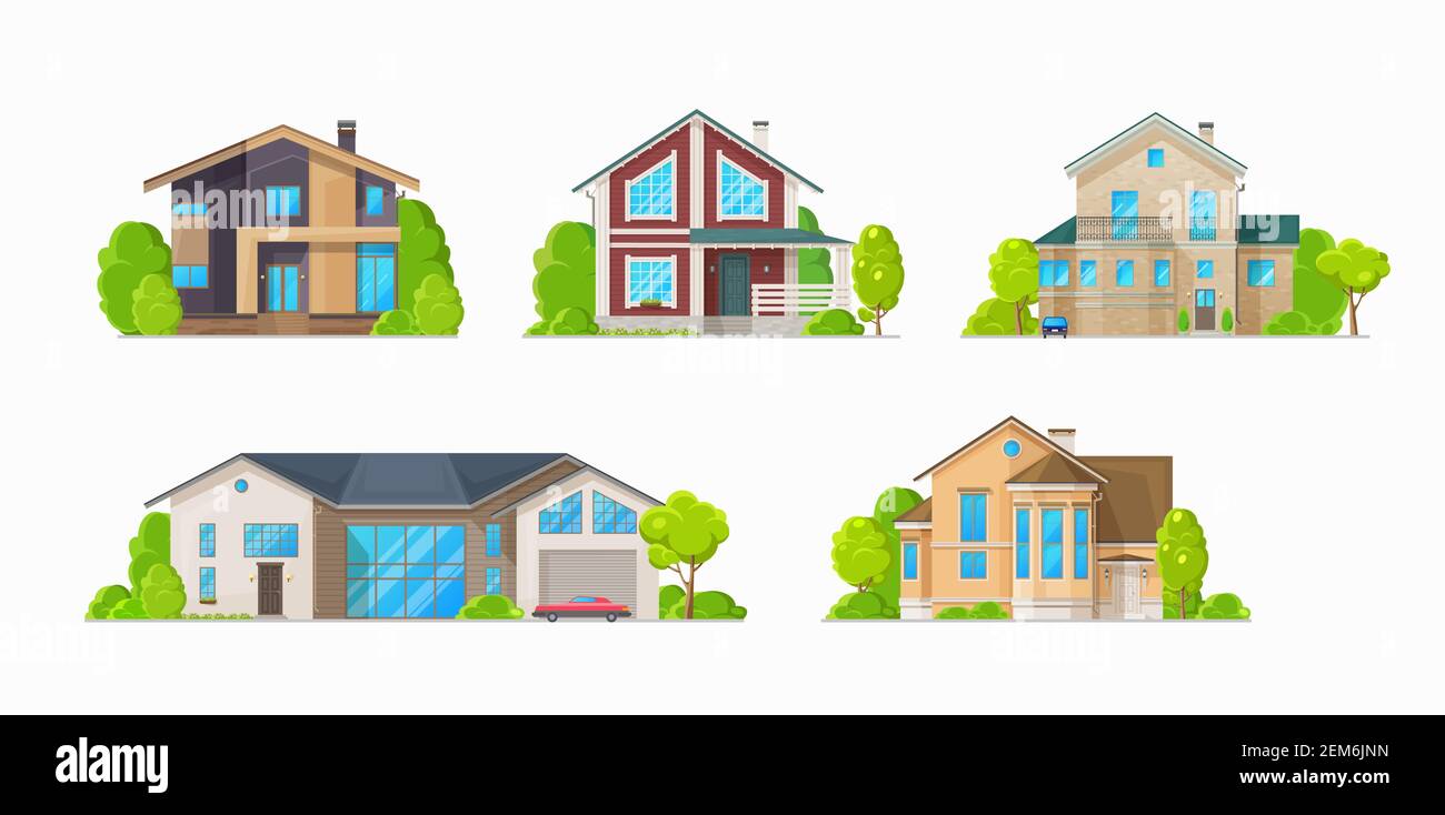 Häuser und Wohngebäude, Immobilien-Vektor-Symbole. Einfamilienhaus und Villen, Duplex-Wohnungen und Stadthaus Villen, Stadt Privateigentum a Stock Vektor