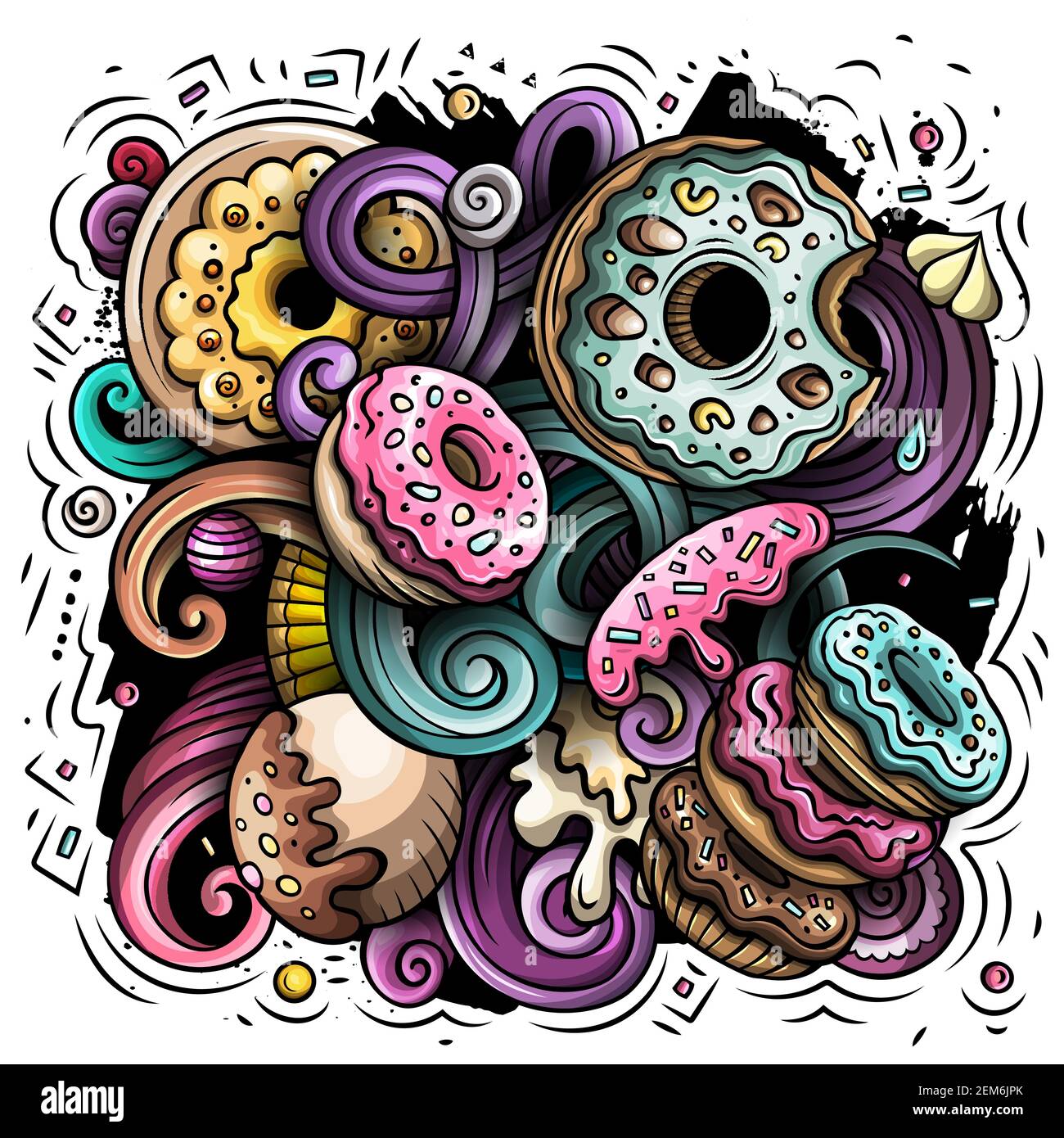 Donuts handgezeichnete Vektor-Doodles Illustration. Stock Vektor