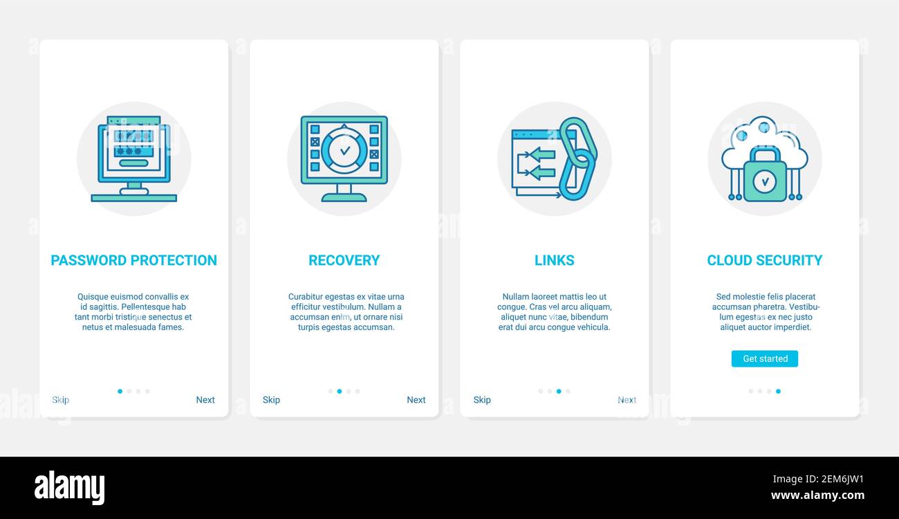 Netzwerksicherheit moderne Technologie Vektor-Illustration. UX, UI Onboarding mobile App Seite Bildschirm mit Linie Konto Passwort-Schutz und Wiederherstellung, Cloud Cybersicherheit, sichere Netzwerk-Symbole Stock Vektor