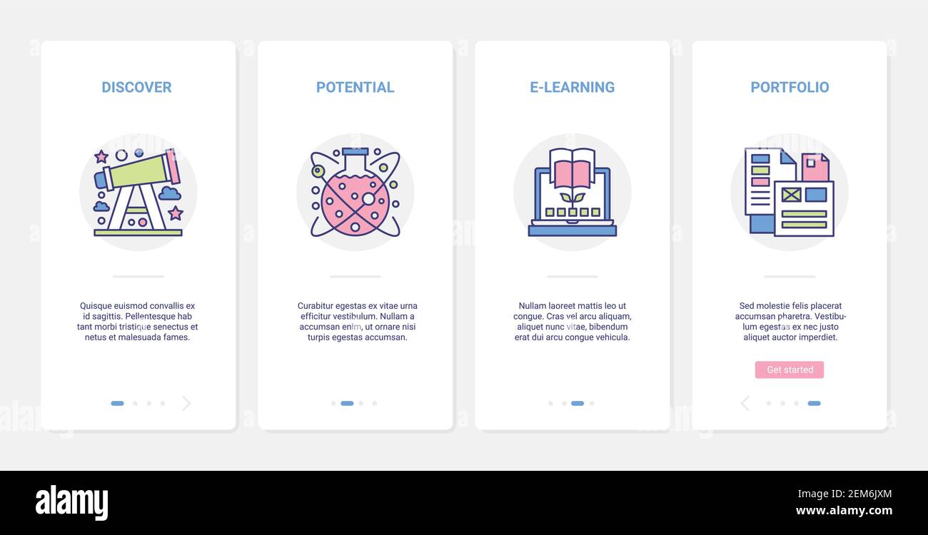 Wissenschaft Moderne Online-Forschung elearning Technologie Vektor Illustration. UX, UI Onboarding mobile App Seite Bildschirm mit Linie Bildung wissenschaftliche Symbole mit Teleskop-Entdeckung, Computer-Lernen Stock Vektor