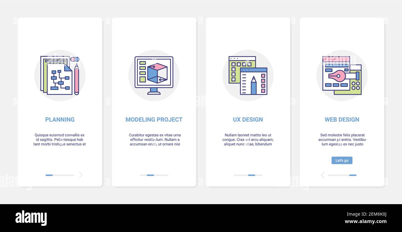 Planung Modellierung kreative Inhalte, Web-Design-Service Vektor Illustration. UX, UI Onboarding mobile App Seite Bildschirm mit Linie Designer-Tools, Computer-Ausrüstung, Entwicklung Website-Technologie Stock Vektor