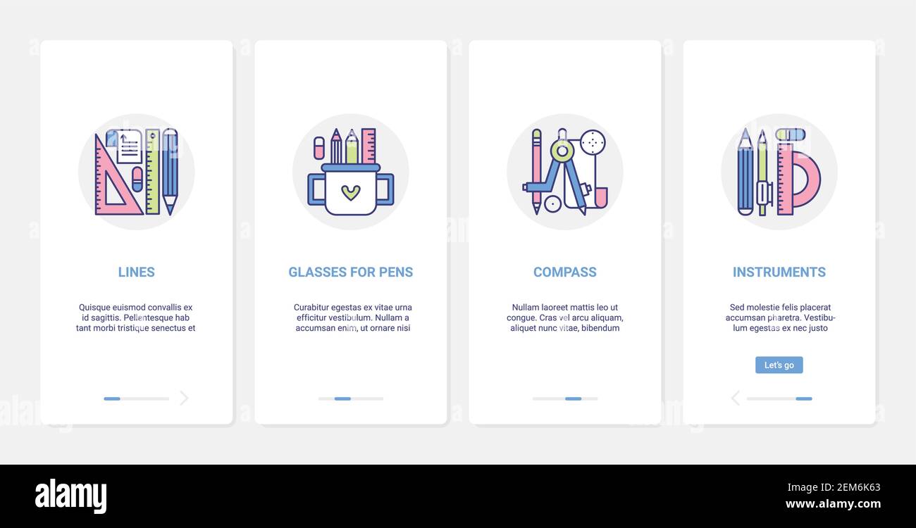 Schreibwaren für Schule oder Büro Vektor Illustration. UI, UX Onboarding mobile App Seite Screen Set mit Linie Ausrüstung für Papierarbeit, Sammlung von Bleistiften in Glas, Kompass Messwerkzeuge Stock Vektor