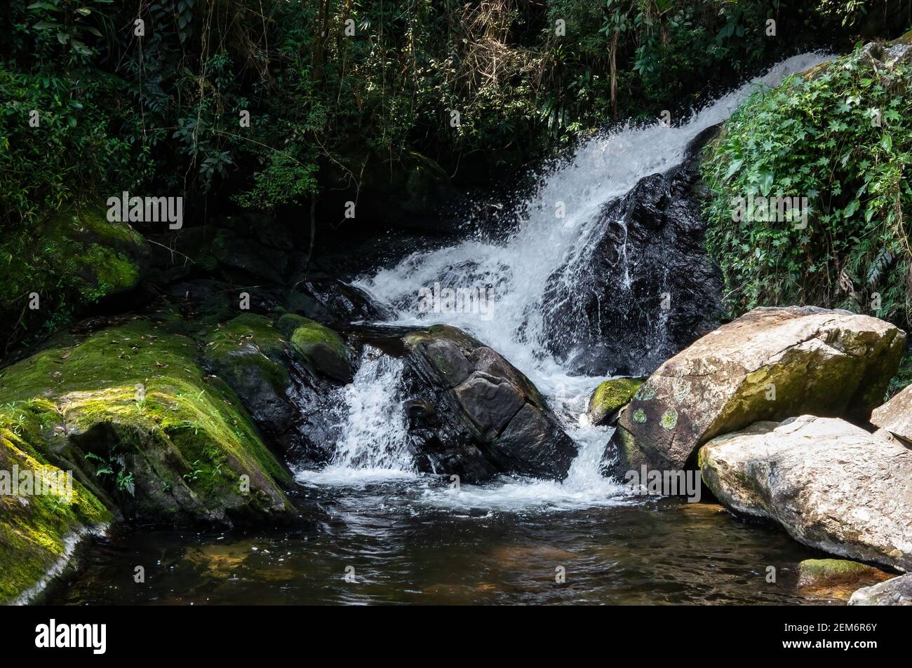 Eine große Wasserströmung fließt um Felsformationen aus Ipiranguinha Wasserfall bilden einen natürlichen Pool direkt unten in der dichten Serra do Mar Wald. Stockfoto