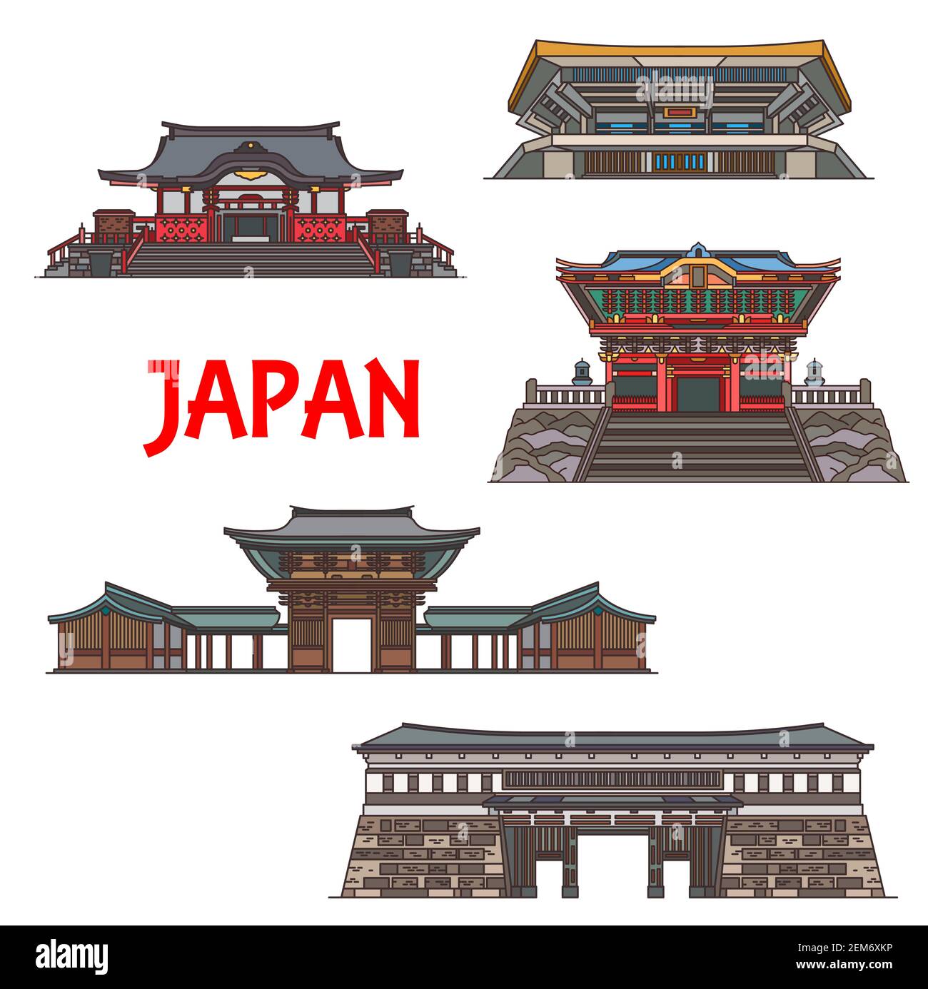 Japanisches Gebäude der Religion und Sport-Ikonen, asiatische Reise Wahrzeichen Vektor-Design. Shinto Meiji Shrine, Arena Nippon Budokan und Otemon Gate of the Stock Vektor