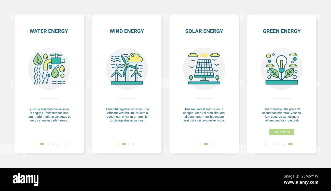 Recycling-Industrie, erneuerbare Energiequelle grüne Technologie Vektor Illustration. UX, UI Onboarding mobile App Seite Bildschirm mit Linie industriellen Wasserkraftwerk, Windturbine, Solarmodul gesetzt Stock Vektor