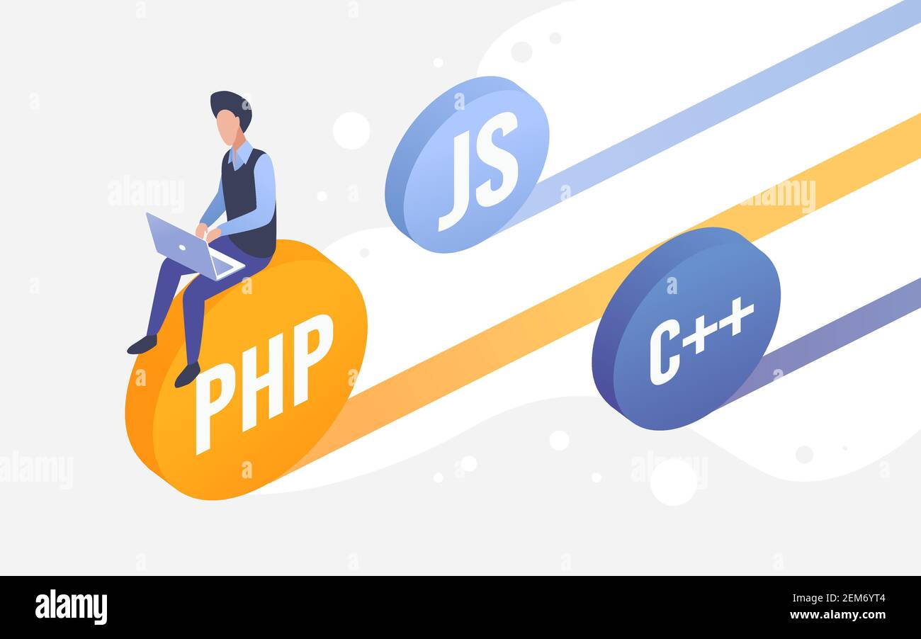 Code-Entwicklung Arbeit, Web-Engineering isometrische Vektor-Illustration. Cartoon 3D Programmierer Codierer Entwickler Charakter sitzt auf Programmiersprachen Code Münzen, arbeiten mit Laptop-Hintergrund Stock Vektor