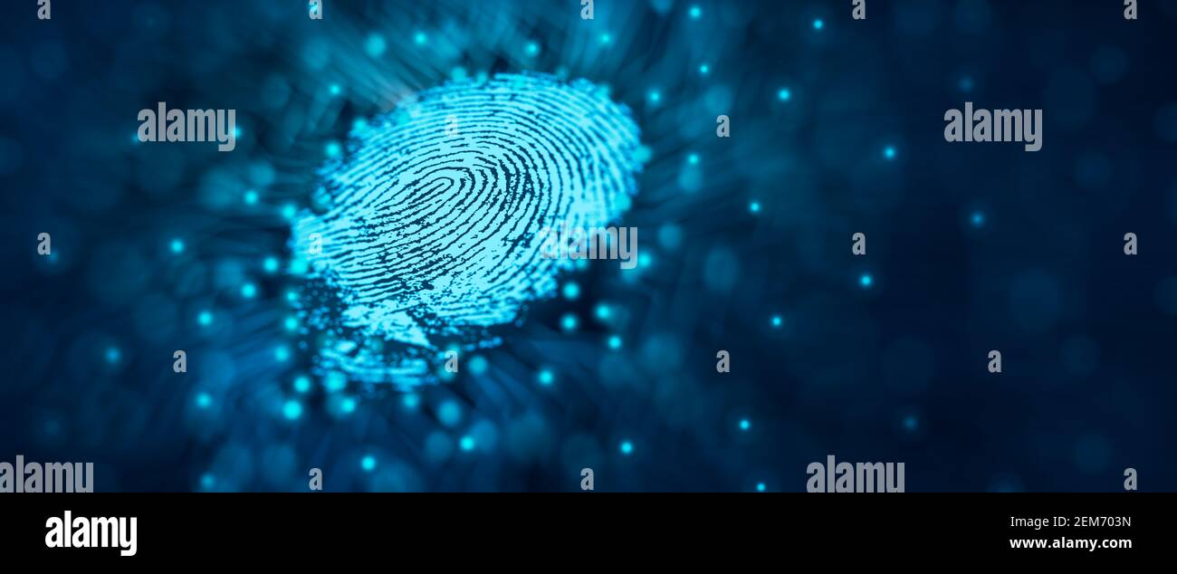 Sicherheitstechnologie der Zukunft. Fingerabdruck-Scan bietet Sicherheitszugriff in DOF. Fingerabdruck-Sicherheitskonzept. 3D Rendern. Stockfoto