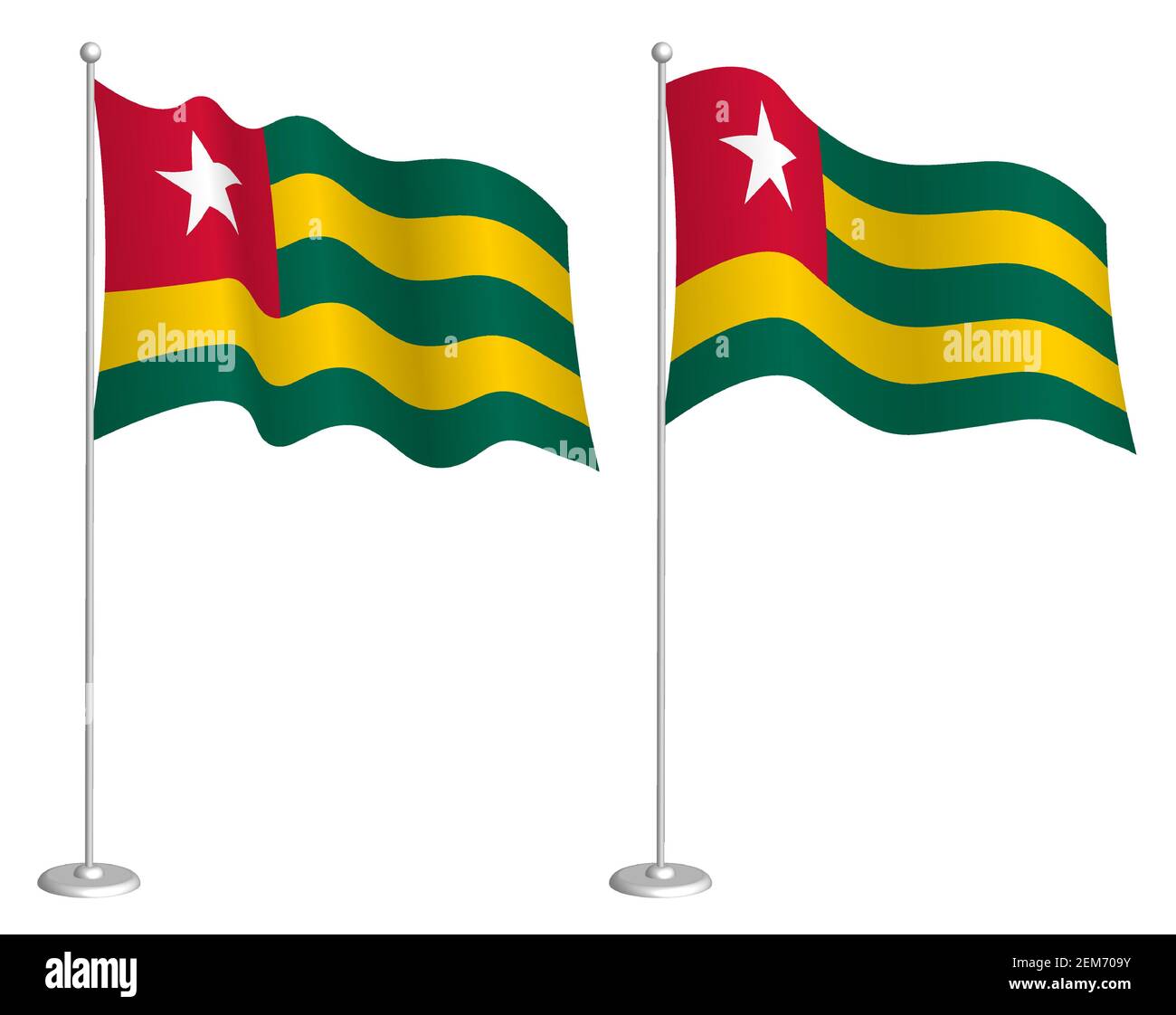 Flagge der togolesischen Republik auf Fahnenmast winkt im Wind. Design