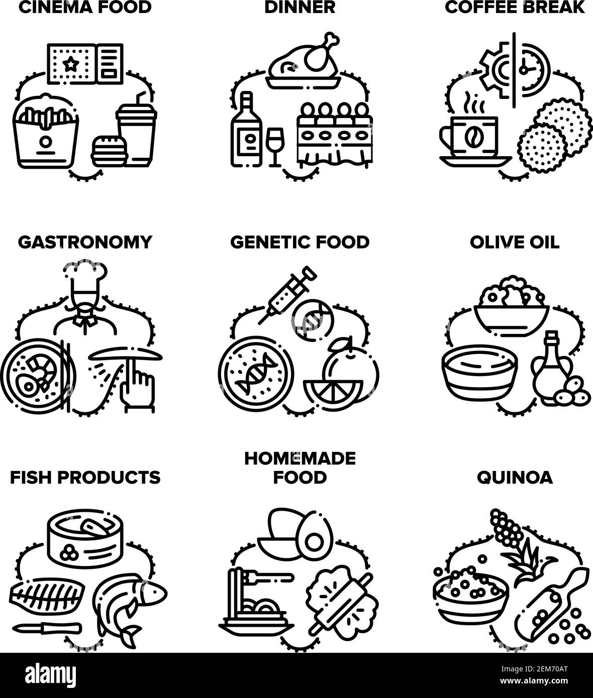 Food Delicious Set Icons Vektor Schwarz Illustrationen Stock Vektor