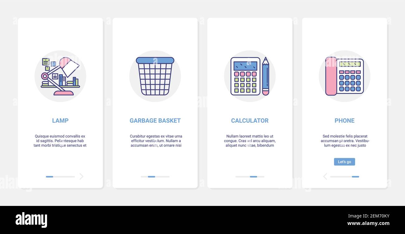 Schreibwaren für Büropapier Arbeit und Studie, Manager Arbeiter Zubehör Vektor Illustration. UI, UX Onboarding mobile App Seite Bildschirm mit Zeile Papierkorb für Papierdokumente, Rechner Telefon Lampe Stock Vektor