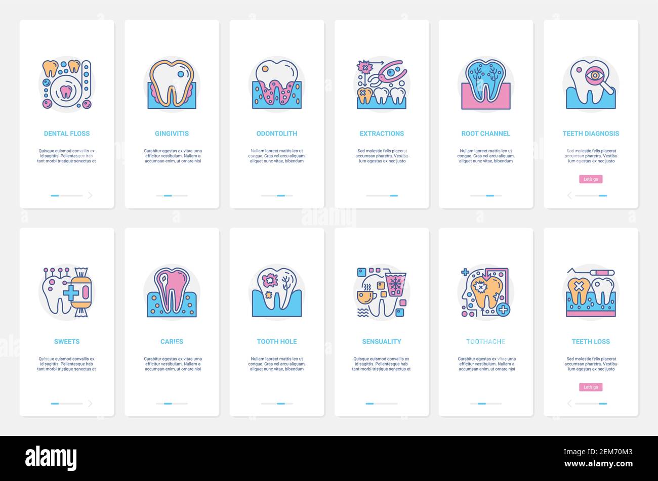 Medizinische zahnärztliche Diagnose und Klinik Behandlung Vektor Illustration. UX, UI Onboarding mobile App Seite Screen Set mit Linie Karies, Zahnschmerzen Empfindlichkeit und Zahnverlust, Zahnfleischerkrankungen Symbole Stock Vektor