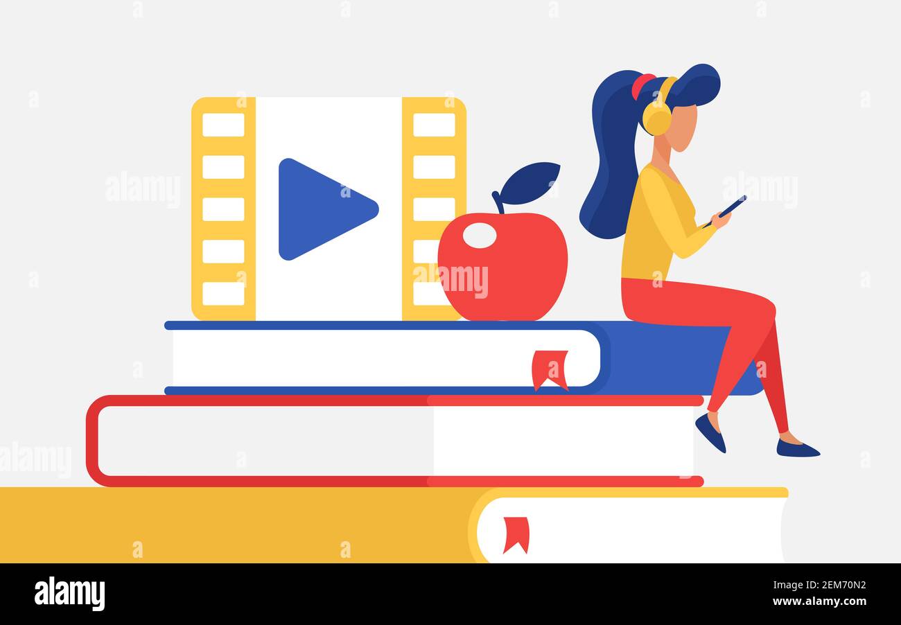 Vektor-Illustration für Online-Bildung. Cartoon winzige Studentin Figur mit Kopfhörern sitzt auf Buch aus der Bibliothek, mit Smartphone für Internet-Video-Lektion, Webinar im Web-Hintergrund zu studieren Stock Vektor