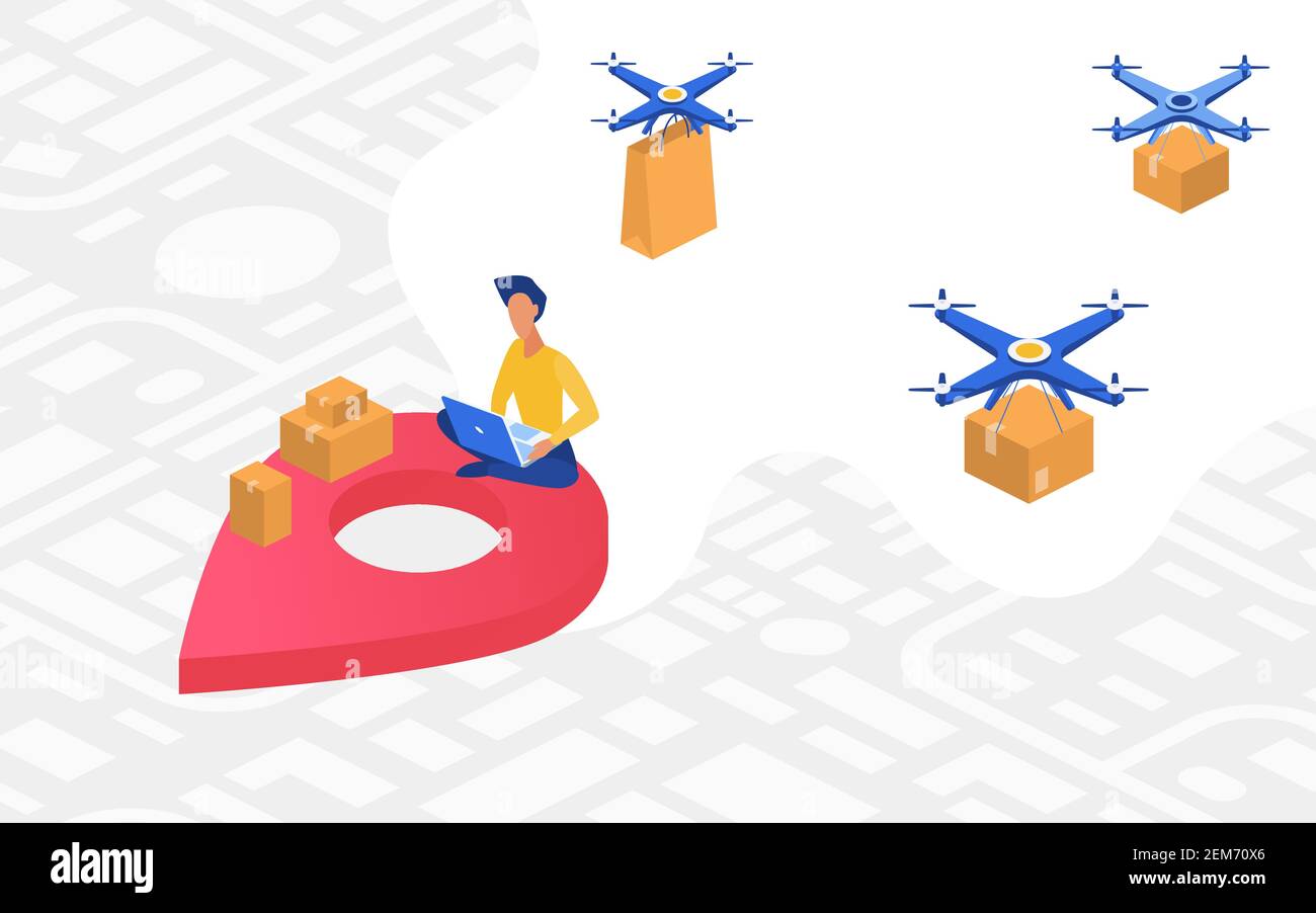 Darstellung des Drohnenlieferkonzepts. Cartoon Mann Figur sitzt mit Laptop und Bestellung von Waren online, liefern Drohne modernen Transport fliegen, Lieferung von Auftragsboxen zu Benutzer Kundenhintergrund Stock Vektor