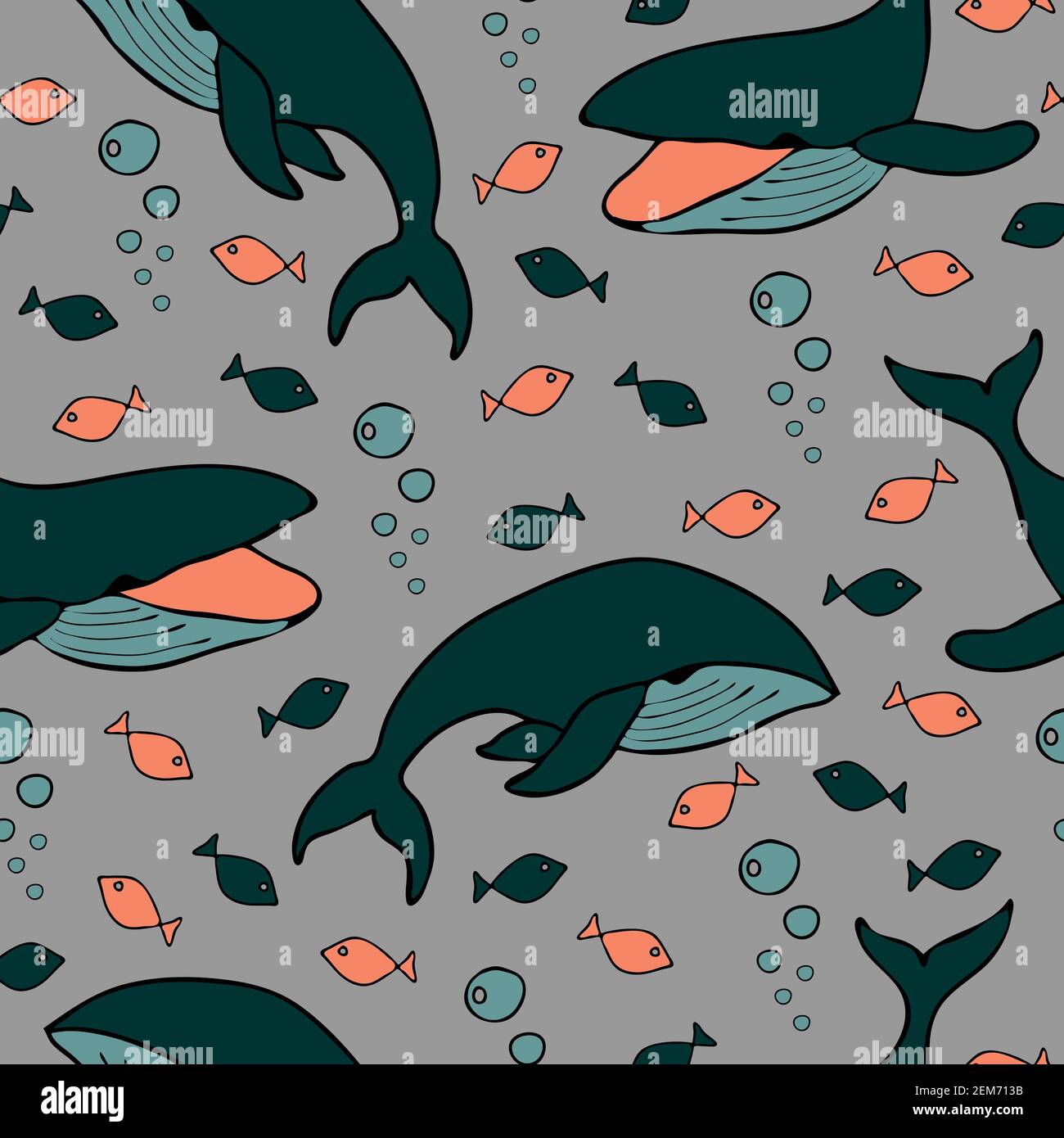 Nahtloses Vektor-Muster mit wales und rosa Fischen auf hellblauem Hintergrund. Unterwassertapete Design. Marine Mode Textil. Stock Vektor