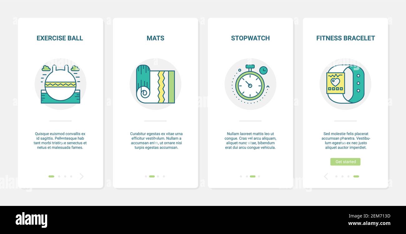 Vektorgrafik Sportausrüstung. UX, UI Onboarding mobile App Seite Screen Set mit Linie Yoga Matte im Fitnessstudio, Fitness Sport Gymnastikball, Fitness Armband Smart Watch, Stoppuhr-Symbole Stock Vektor