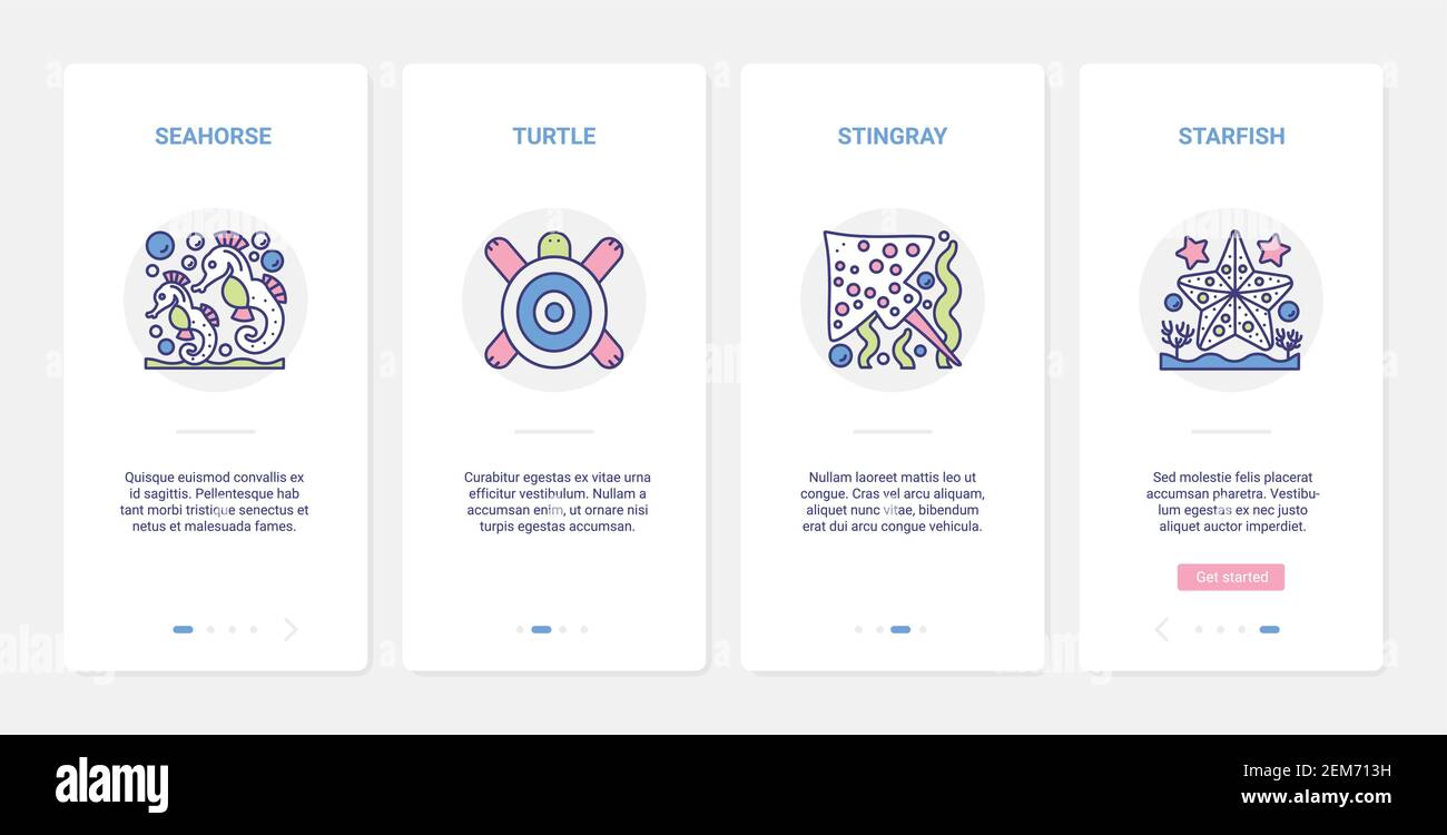 Meerestiere und Unterwasserfische aus dem Meeresboden oder Aquarium Vektor-Illustration. UX, UI Onboarding mobile App Seite Bildschirm mit Linie Wildlife Seesterne Schildkröte Stachelrochen Seepferdchen Symbol Sammlung gesetzt Stock Vektor