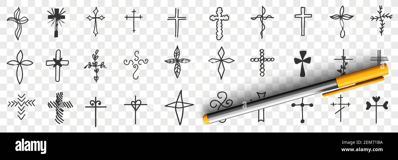Kreuze verschiedener Formen Doodle Set. Sammlung von handgezeichneten religiösen und dekorativen Kreuz von verschiedenen Seelen und Formen isoliert auf transparentem Hintergrund Stock Vektor