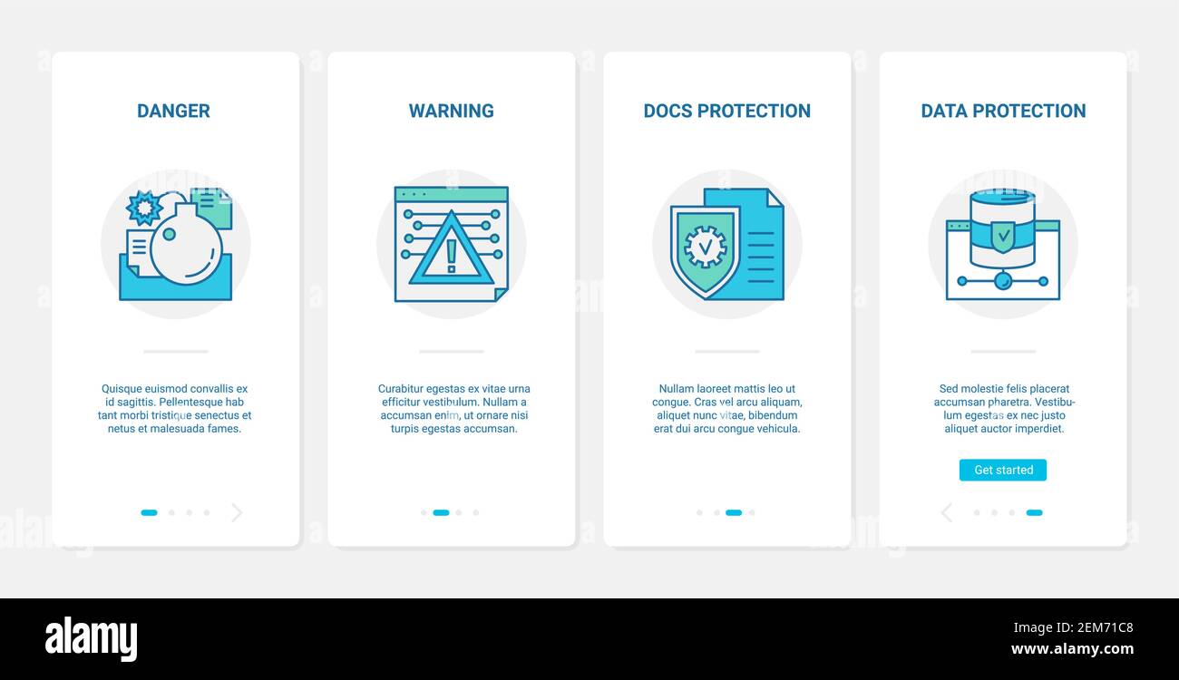 Datensicherheit Cyber-Schutz-Technologie Vektor-Illustration. UX, UI Onboarding mobile App Seite Bildschirm mit Zeile Gefahr Warnung Fenster, Datenbank-Dokument-Schutz, Cyber-Sicherheit Symbole gesetzt Stock Vektor