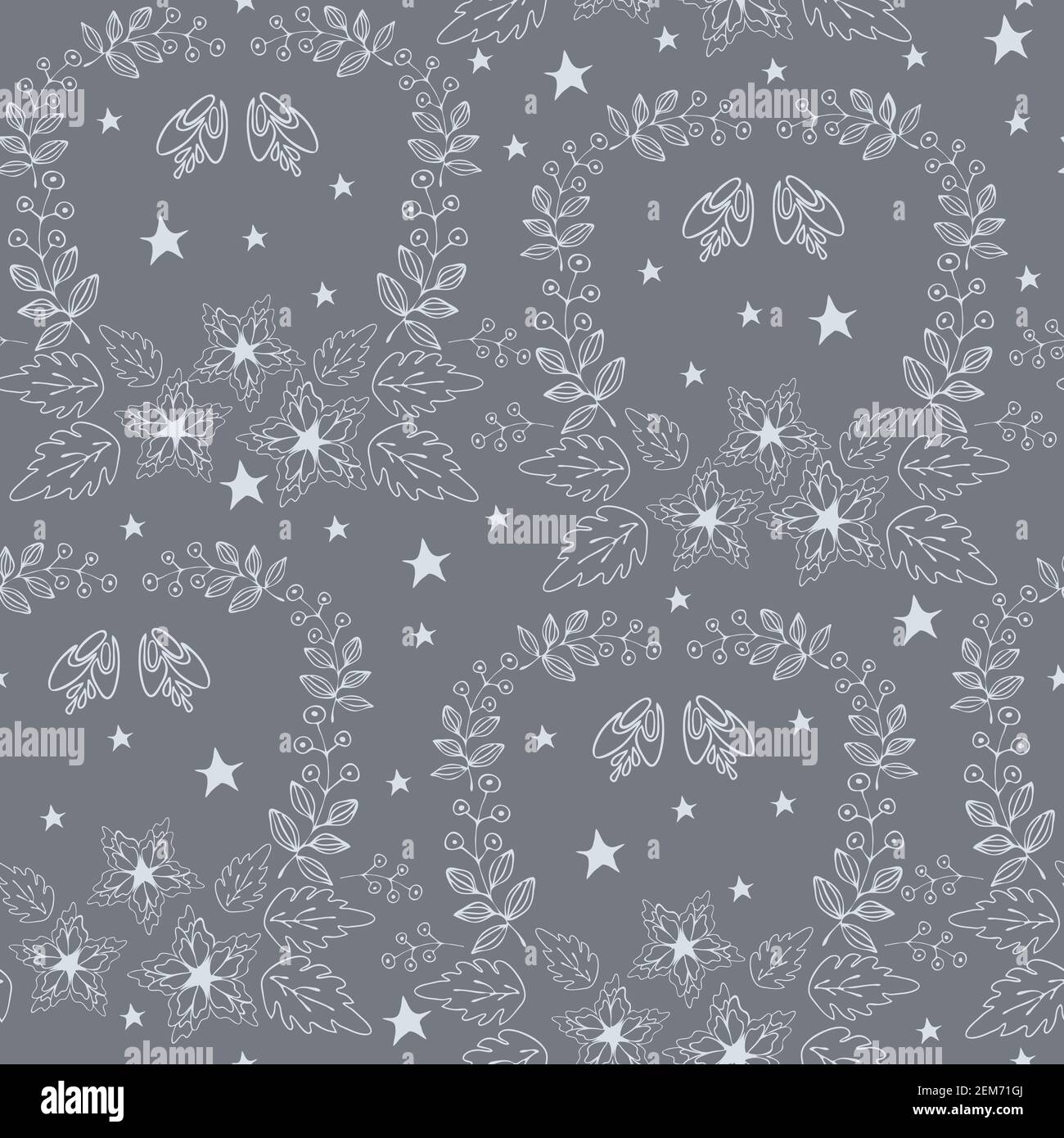 Nahtloses Vektor-Muster mit weißen Sternen und Blumen auf grauem Hintergrund. Weihnachten florale Tapete Design mit Weihnachtsstern. Winterurlaub Mode. Stock Vektor