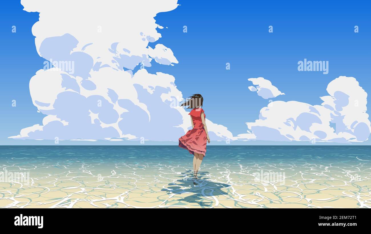 Frau steht auf dem Meer und schaut auf den Sommerhimmel, Vektor-Illustration Stock Vektor