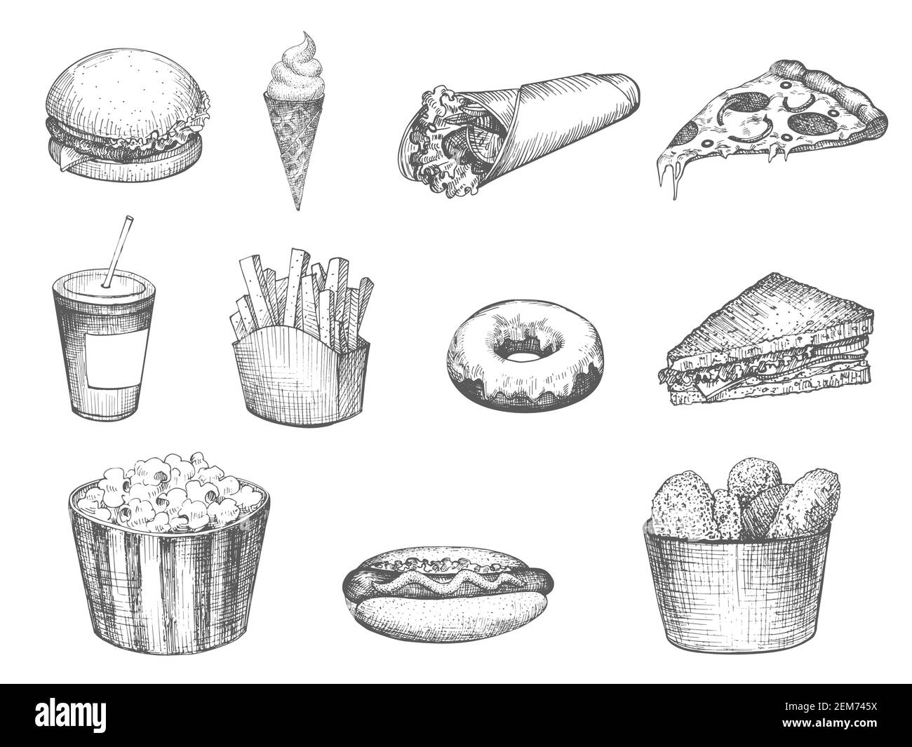 Stellen Sie Fast Food von Hand gezeichnet isoliert auf einen weißen Hintergrund. Vektor-Illustration vintage Skizze Pizza, Eis, Soda, Hamburger, Hotdog, Popcorn, Nugget Stock Vektor