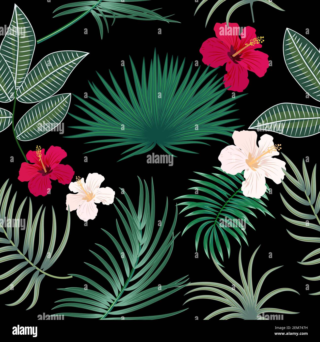 Tropischer Vektor nahtloses Muster mit Blättern von Palmen und Blumen. Botany hellen Hintergrund, Dschungel Tapete. Stock Vektor