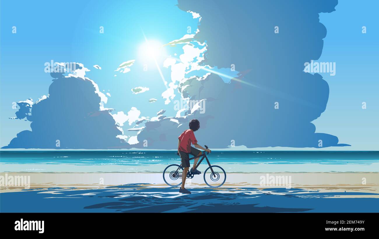 Junger Mann sitzt auf einem Fahrrad Blick auf das Meer an einem Sommertag, Vektor-Illustration Stock Vektor