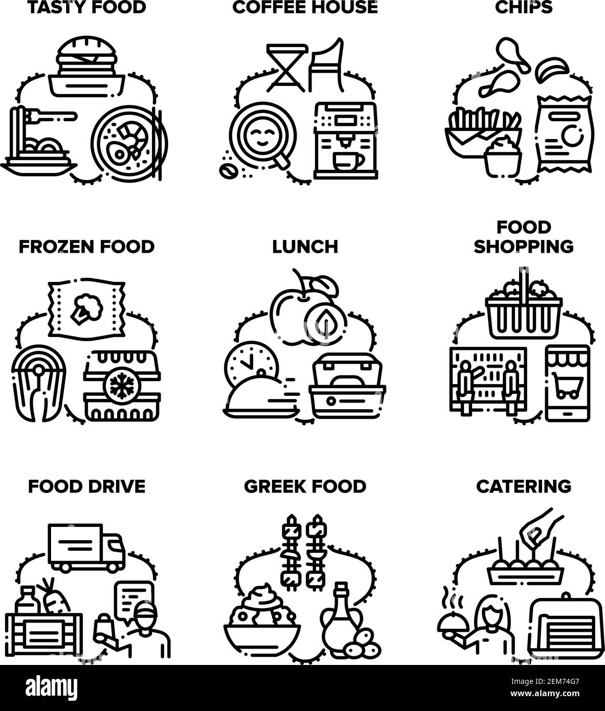 Food Eat Nutrition Set Icons Vektor Schwarz Illustrationen Stock Vektor