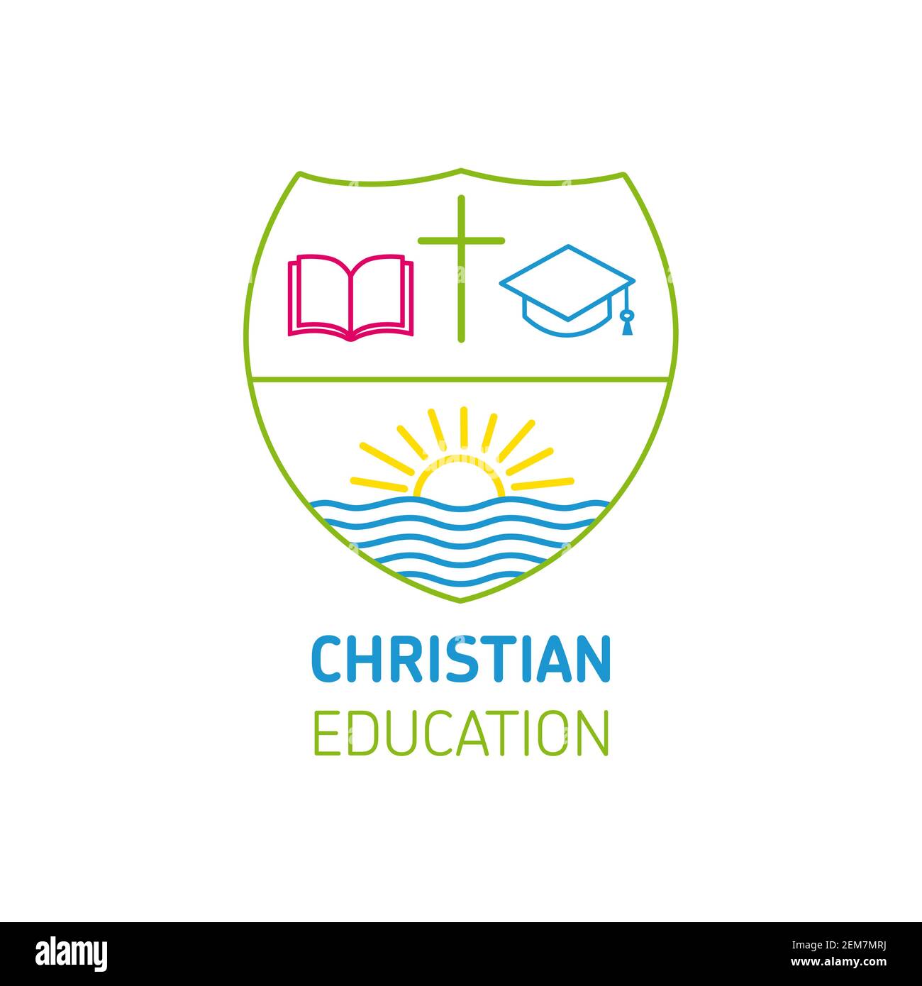 Logo für kirchliche oder christliche Bildung, offenes Buch, Kreuz, quadratische akademische Mütze und Sonne auf dem Fluss. Christliche Universität oder Sonntagsschule Lernlinie ar Stock Vektor