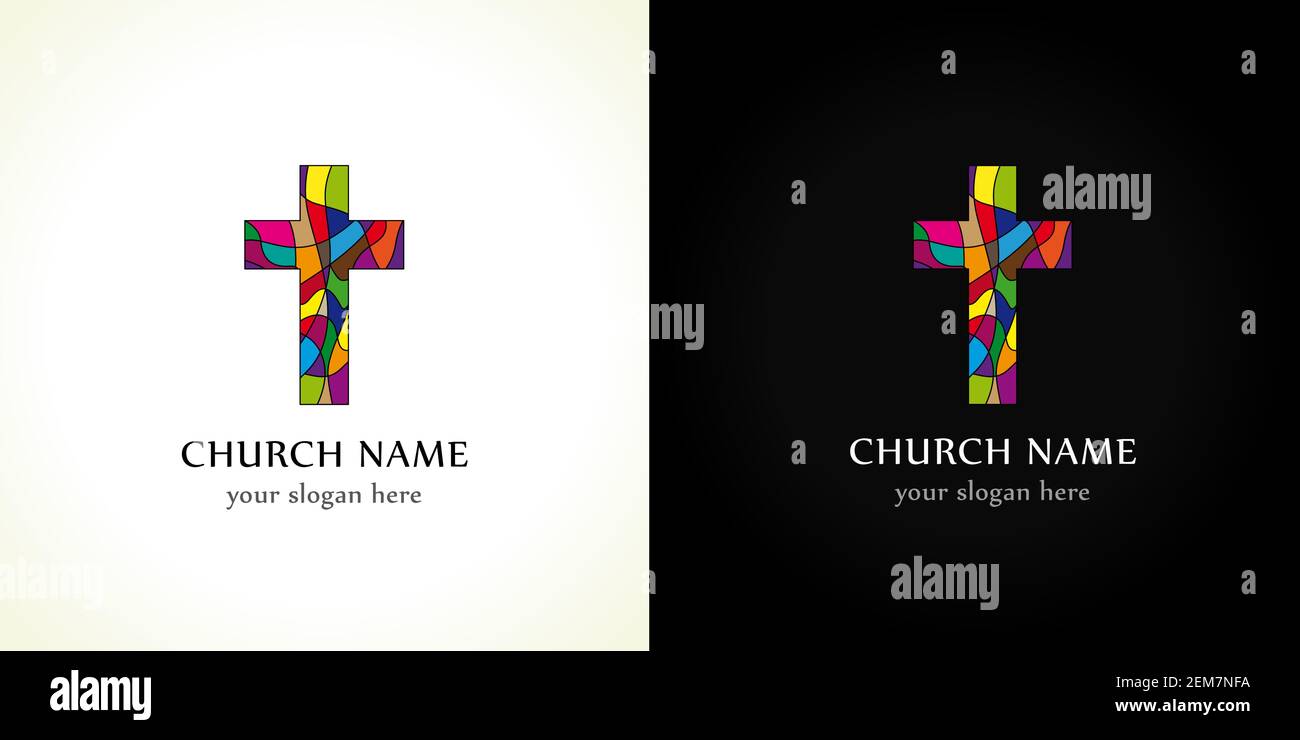 Kirche Logo, altes Mosaik-Muster. Religiöser Vektor christliches Symbol. Kreative Kruzifix in Farbe Puzzles Teile. Kreuzigungsschild aus gebrochenem Glas, Fenster nach innen Stock Vektor
