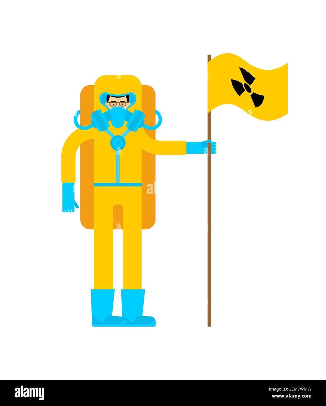 Mann in Schutzanzug und Strahlungsflagge Stock Vektor