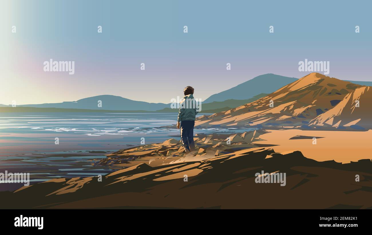 Mann, der auf einem Felsen steht und an einem sonnigen Tag das Ufer anschaut, Vektordarstellung Stock Vektor