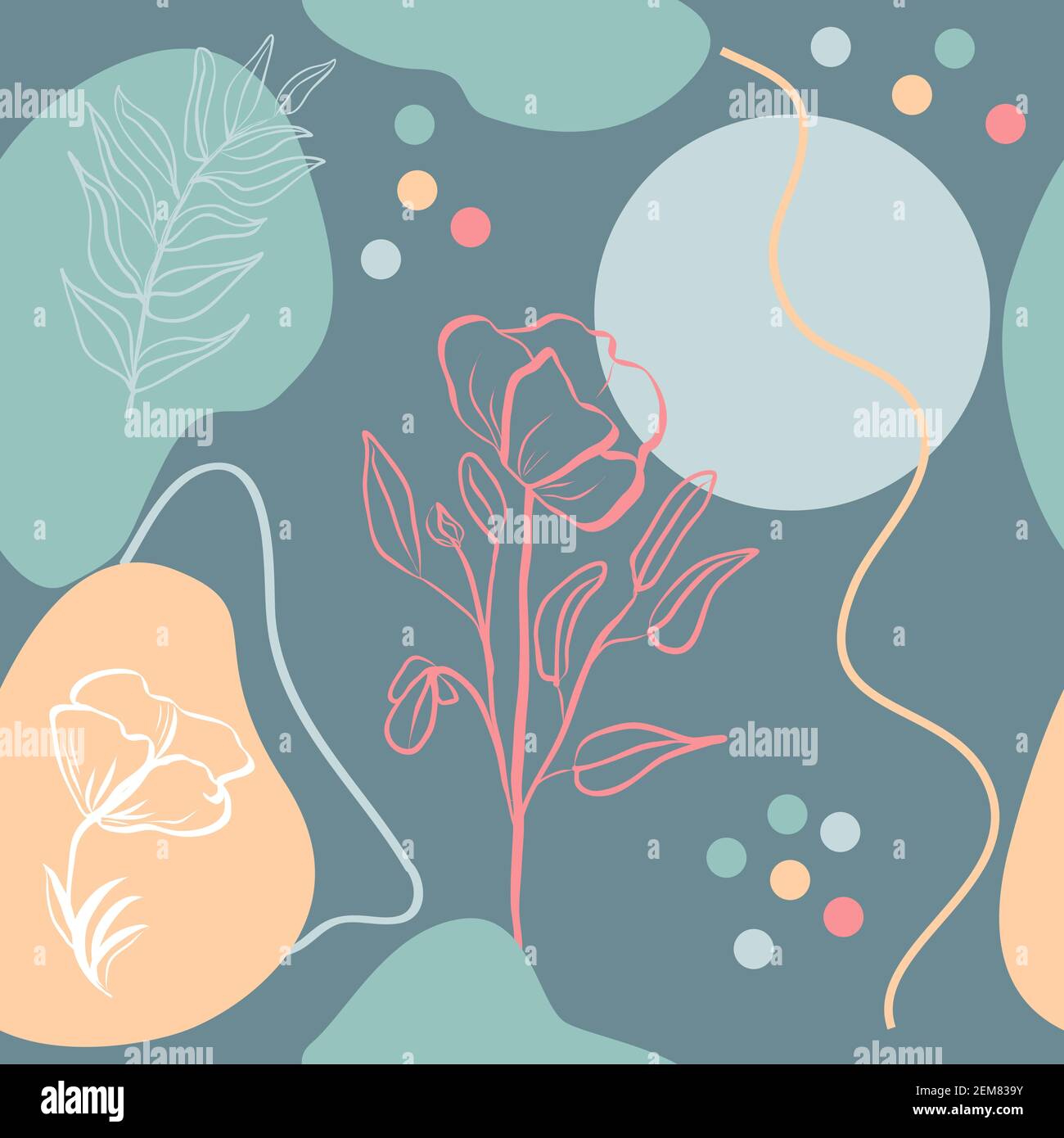 Vektor nahtlose Muster der abstrakten Blume. Handgezeichnete Formen und Linienkunst Konturzeichnung, botanisches Element. Stock Vektor