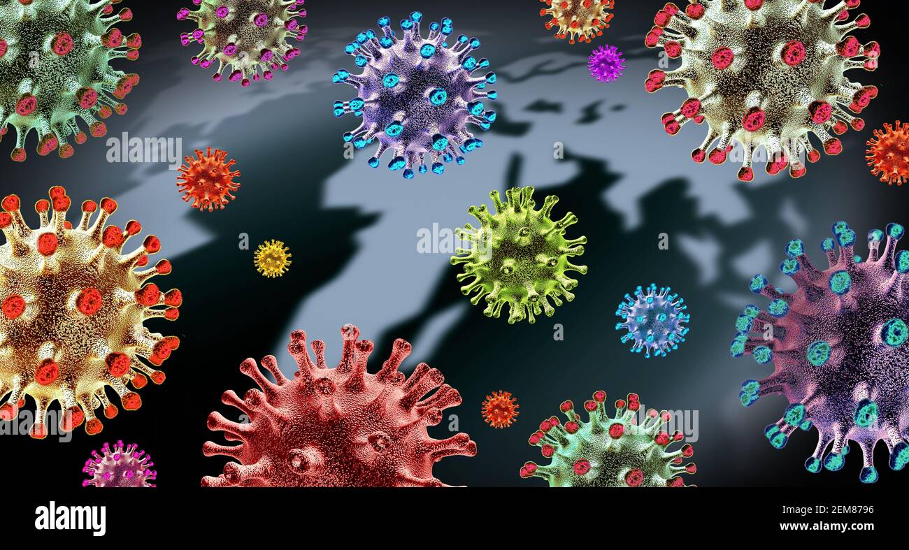 Global Virus Variante und mutierende Zellen Konzept oder neue Coronavirus b,1.1,7 Varianten Ausbruch und covid-19 virale Zellmutation als Influenza. Stockfoto