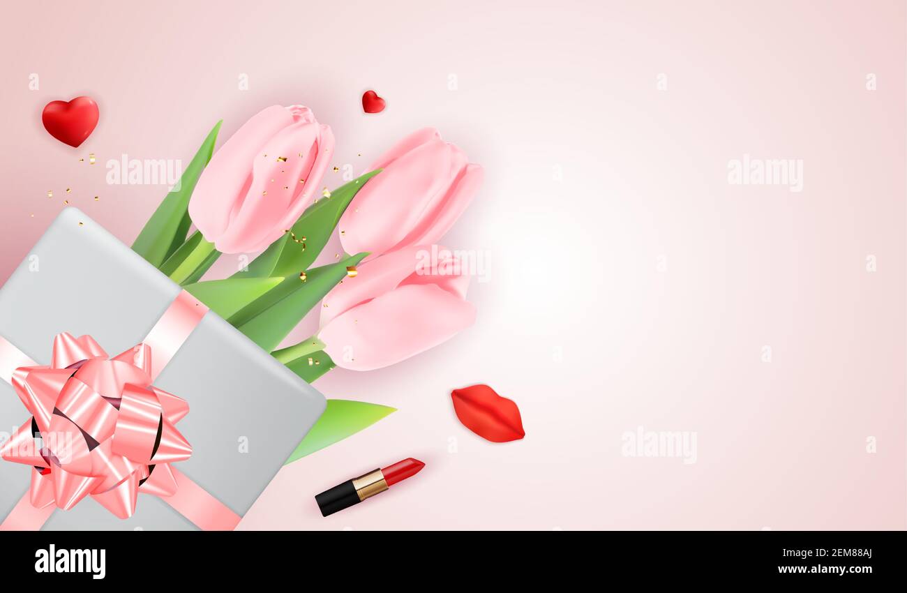 Pink Happy Womens Day Holiday Gratulation Hintergrund mit Tulpen und Geschenkbox. Vektorgrafik Stock Vektor