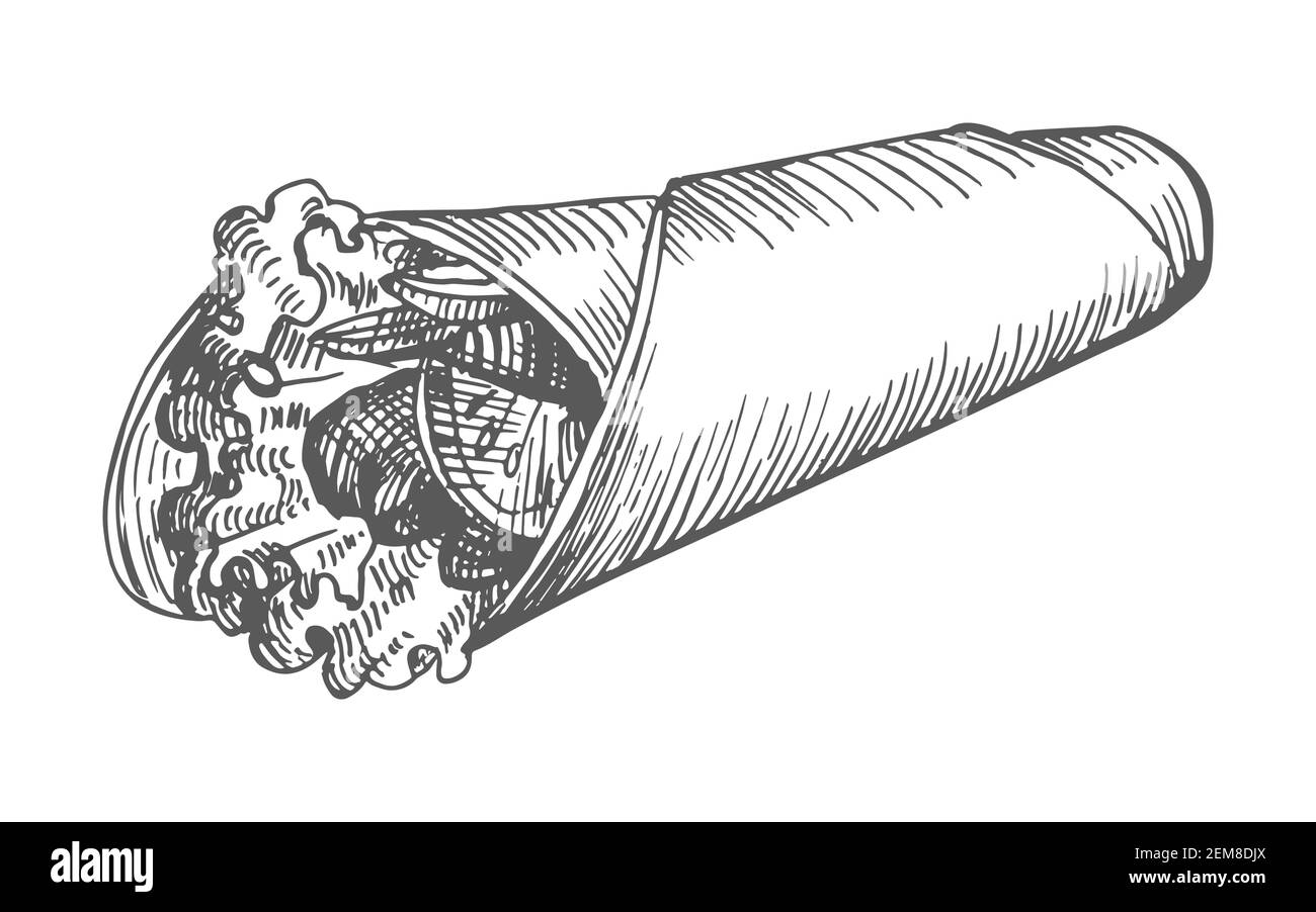 Shawarma von Hand gezeichnet. Vektor-Illustration einer Vintage Shawarma Skizze von Hand gezeichnet isoliert auf einem weißen Hintergrund. Türkisches Essen Döner Kebab. Stock Vektor