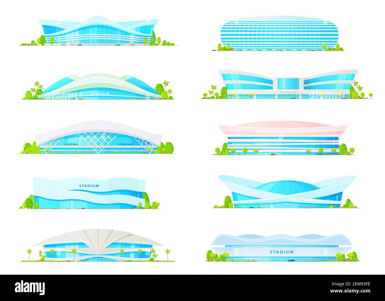 Arena Stadion Gebäude, Vektor flache Symbole. Fußball Fußball und Sportspiele Moderne Arena Gebäude Eingangsfassaden mit Glaskuppel oder offene Spitze und inf Stock Vektor