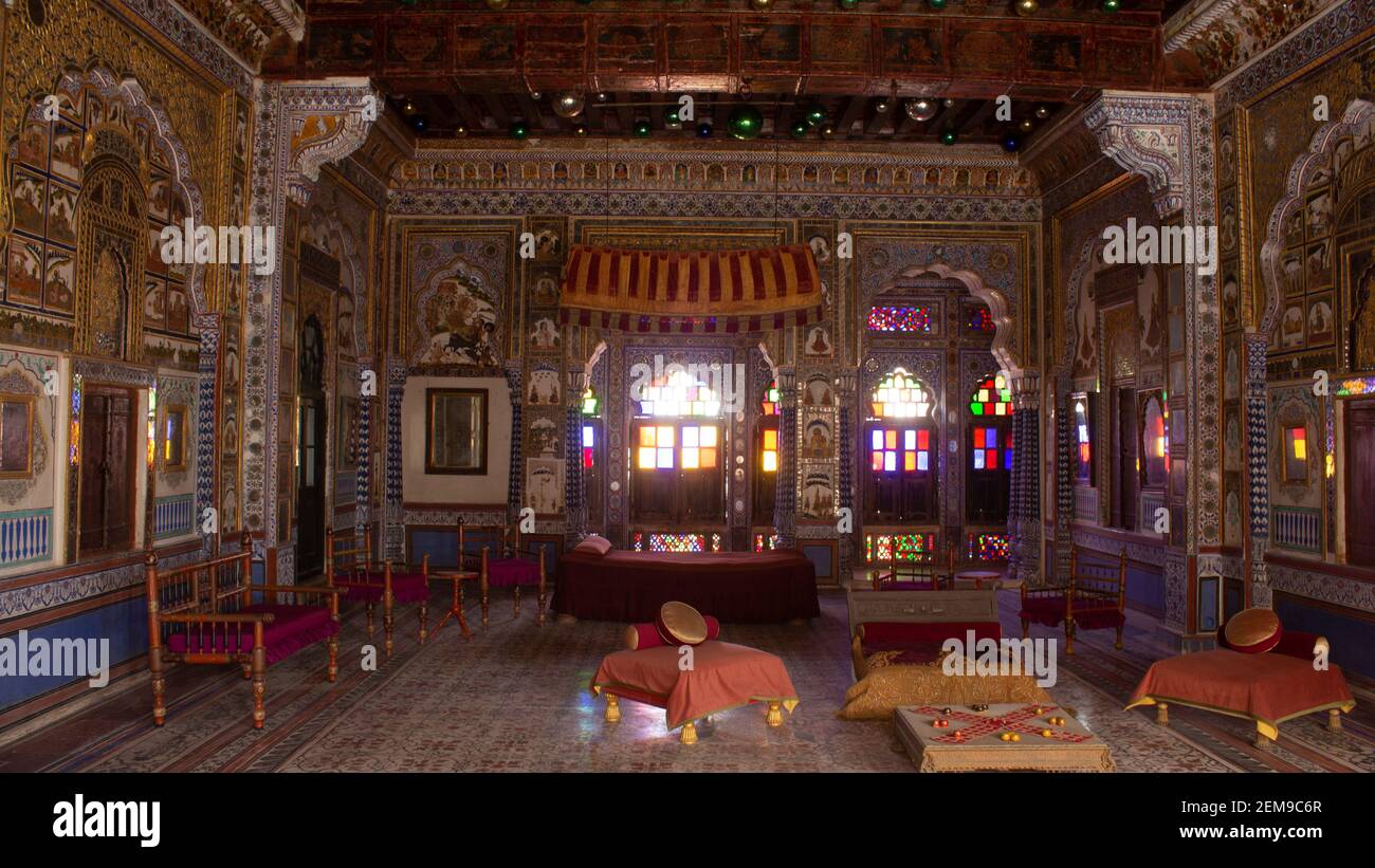 Meeting Halle von Mehrangarh Fort, die während Maharaja Rao Jodha Regel, Jodhpur, Rajasthan, Indien verwendet wurde. Stockfoto