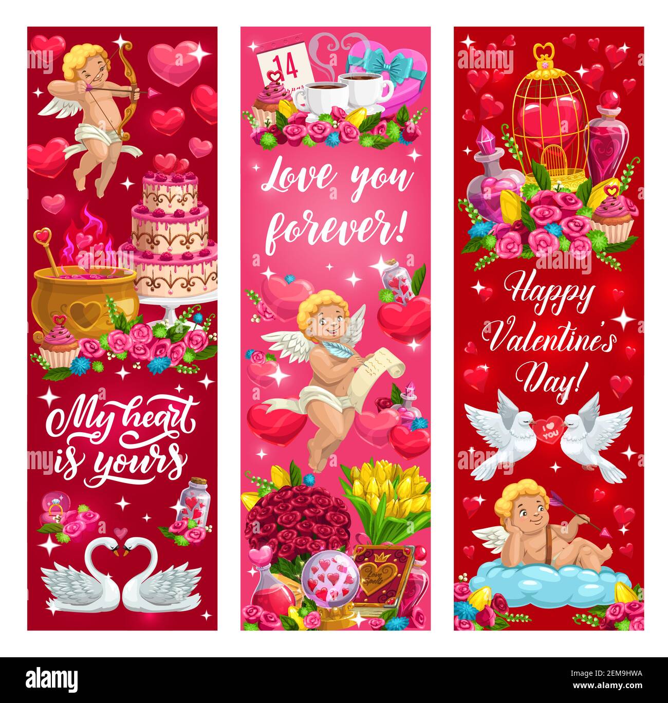 Happy Valentine Day Banner, Tauben mit Liebe Herzen, Amor Engel mit goldenen Pfeilen und Blumen. Vektor Valentinstag Liebe Nachricht Zitate, Hochzeit ri Stock Vektor