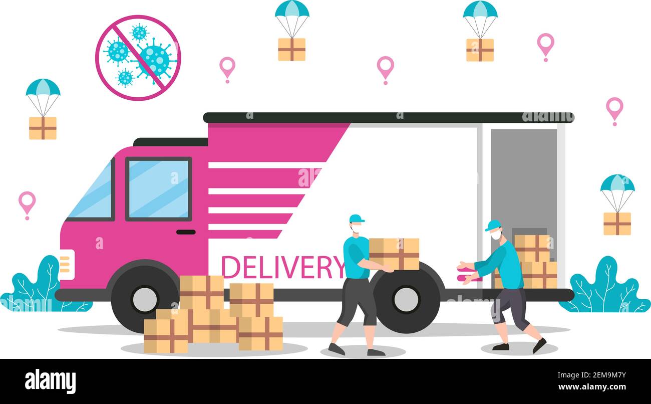 Flache Darstellung der Online-Lieferung für Bestellverfolgung, Kurierdienst, Warenversand, City Logistics mit einem Motorrad und LKW Stock Vektor