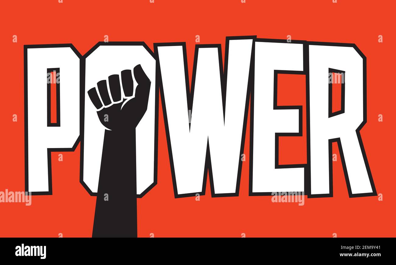 Power Protest Poster Design mit erhobener Faust. Vektor-Illustration mit kundenspezifischen Schriftzügen und Darstellung der geballten Faust. Stock Vektor