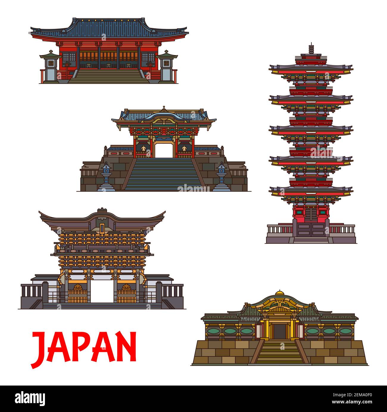 Japanische Architektur Wahrzeichen, Tempel und berühmte Gebäude, Vektor-Ikonen. Nikko Futarasan Schrein Pagoden, Omotemon, Yomeimon und Karamon Tore, seine Stock Vektor