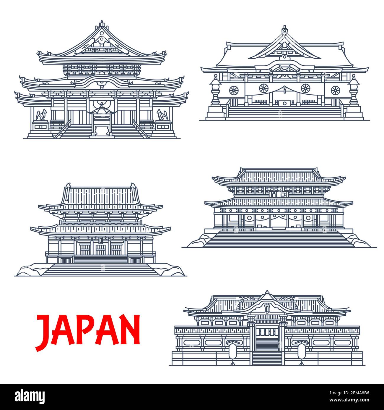 Japanische Reise Wahrzeichen dünne Linie Design der asiatischen religiösen Gebäuden, Vektor-Architektur. Buddhistische Tempel von Zojo-ji, Rinno-ji und Toyokawa Inari, Stock Vektor